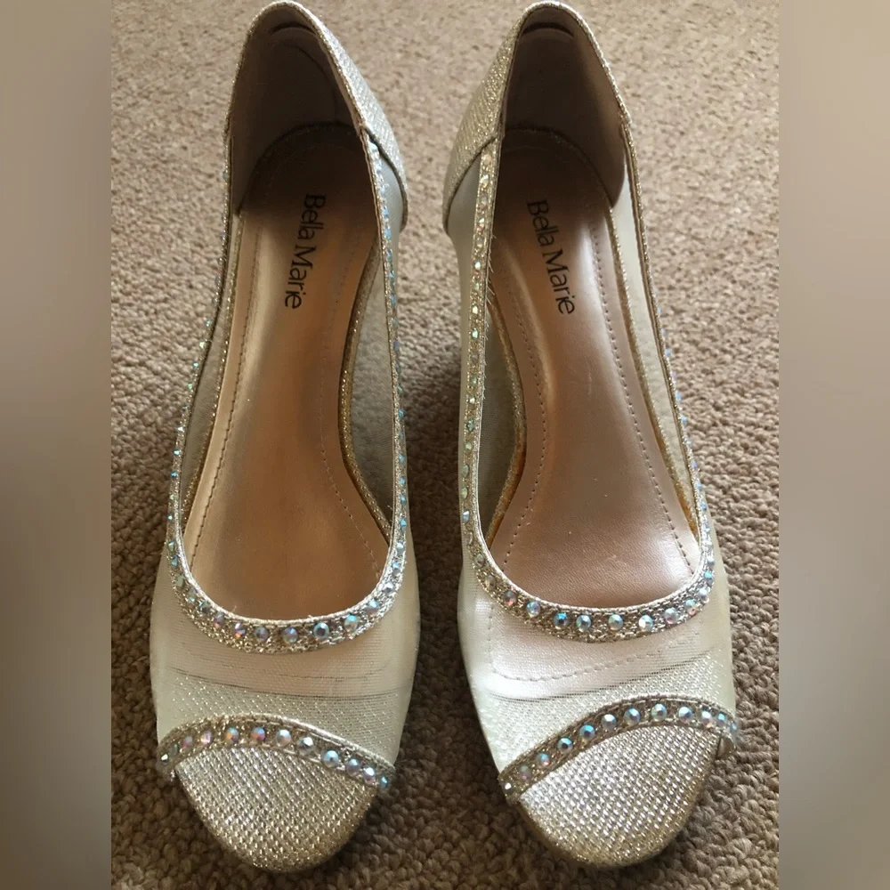 Bella Marie Cream and Gold Rhinestone Peep-Toe Wedges